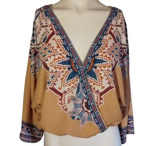 Flying Tomato SIZE S  Southwest Tribal faux wrap blouse wide sleeve kimono crop